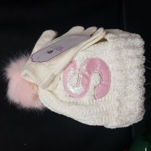 Rainbow Sugar NWT Girls Cream Ribbed Chenille Hat/Stretch Gloves Set, "S"